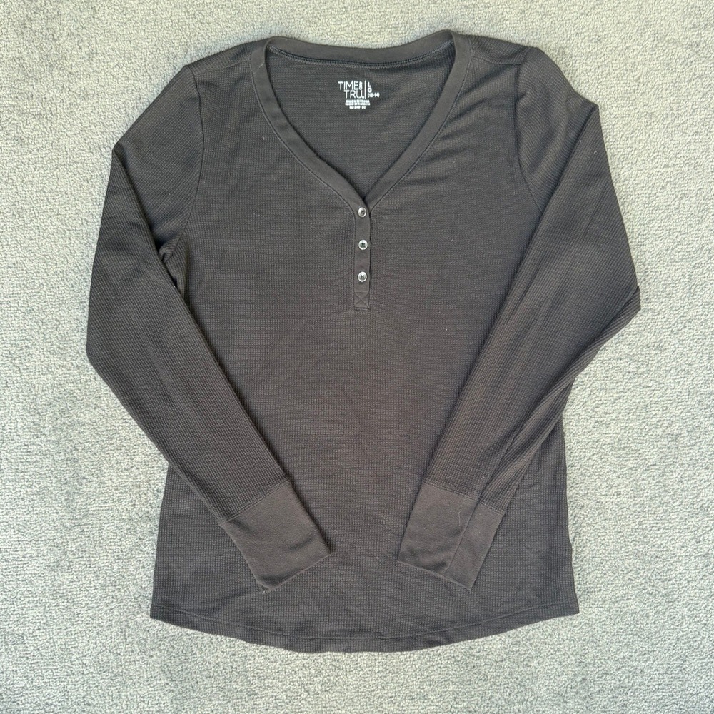 Time and Tru Womens Black Waffle Knit Henley Thermal Top Size L 12-14 TTL39002